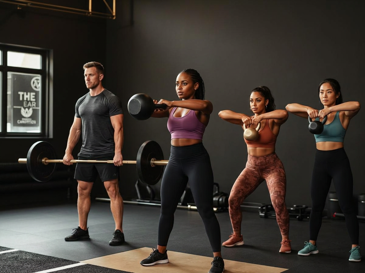 Strength and conditioning class training with kettlebells