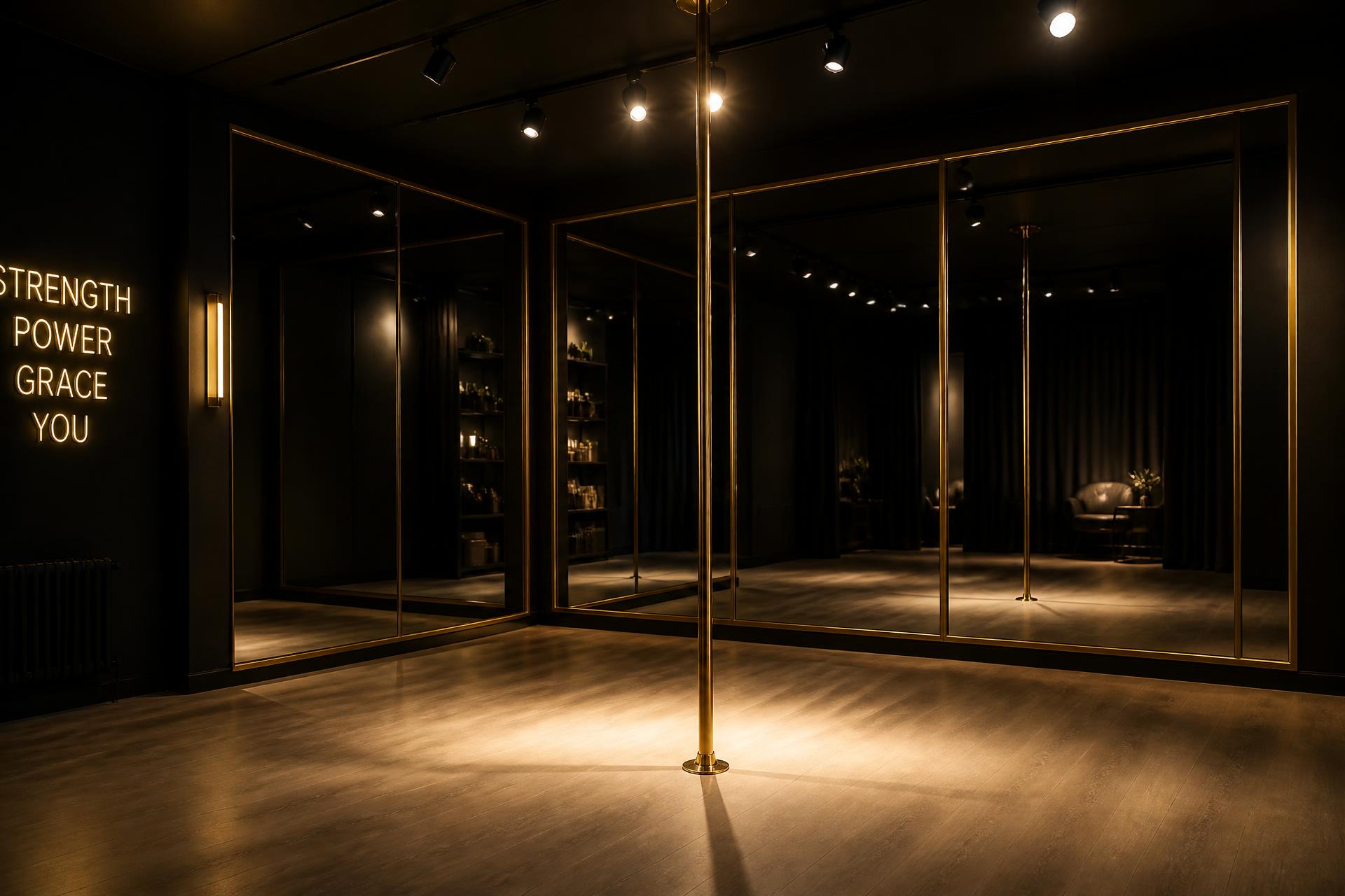 D Valentine Athletics studio interior with brass-framed mirrors and warm lighting